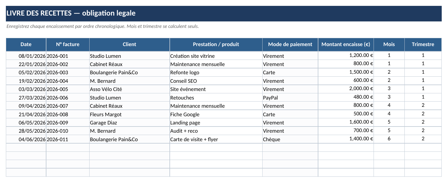 Livre des recettes auto-entrepreneur conforme